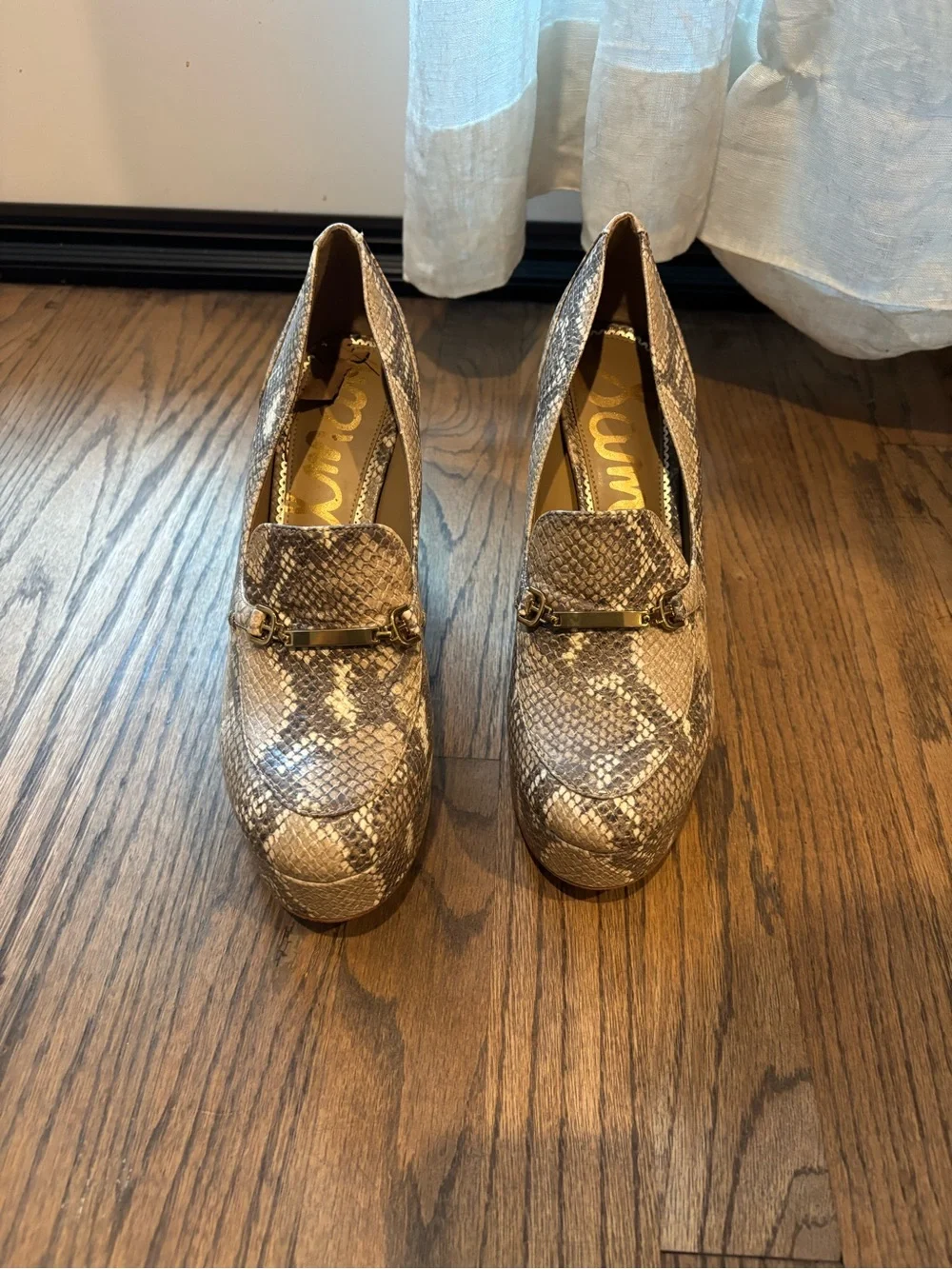 Sam Edelman Snake-Print Platform Pumps in Beige and Grey